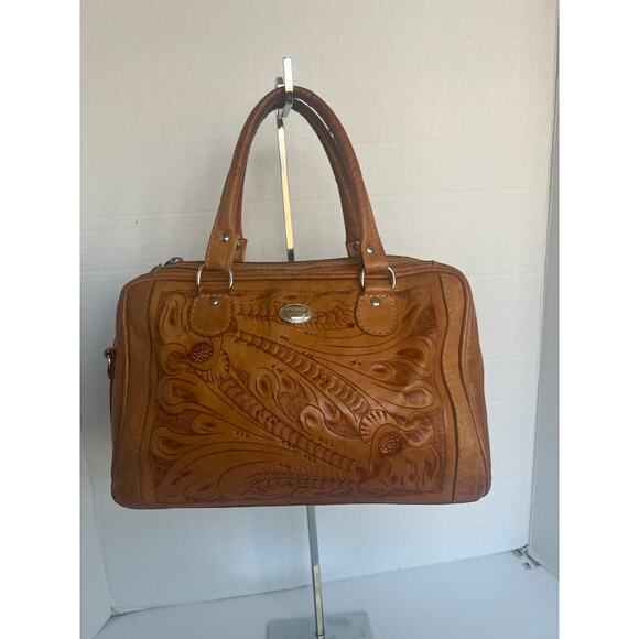 American West Hand Tooled Stained Brown Leather Floral Design Satchel Handbag - Picture 1 of 10